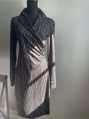 Express Black Long-Sleeve Wrap Dress with Red and White Dot Stripe Pattern